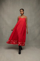 Handcrafted Scarlet Red Pure Cotton Jamdani Dress with Traditional Motifs