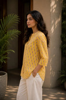 Yellow Pure Cotton Pink Floral Block Print Top-Sutra Art of Clothing