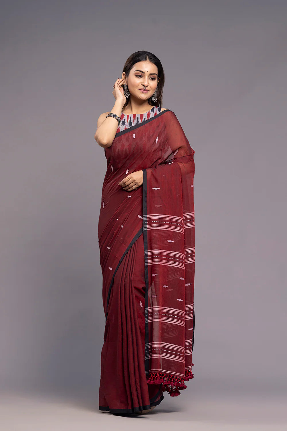 Handloom Wine Mulmul Jamdani Saree