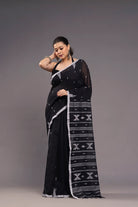Handwoven Black Cotton Jamdani Saree with Traditional Motifs
