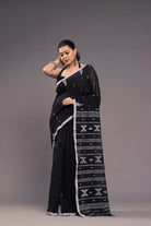Handwoven Black Cotton Jamdani Saree with Traditional Motifs
