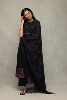 Handwoven Black Jamdani Kurta Set with Yantra Zari Motifs and Dupatta