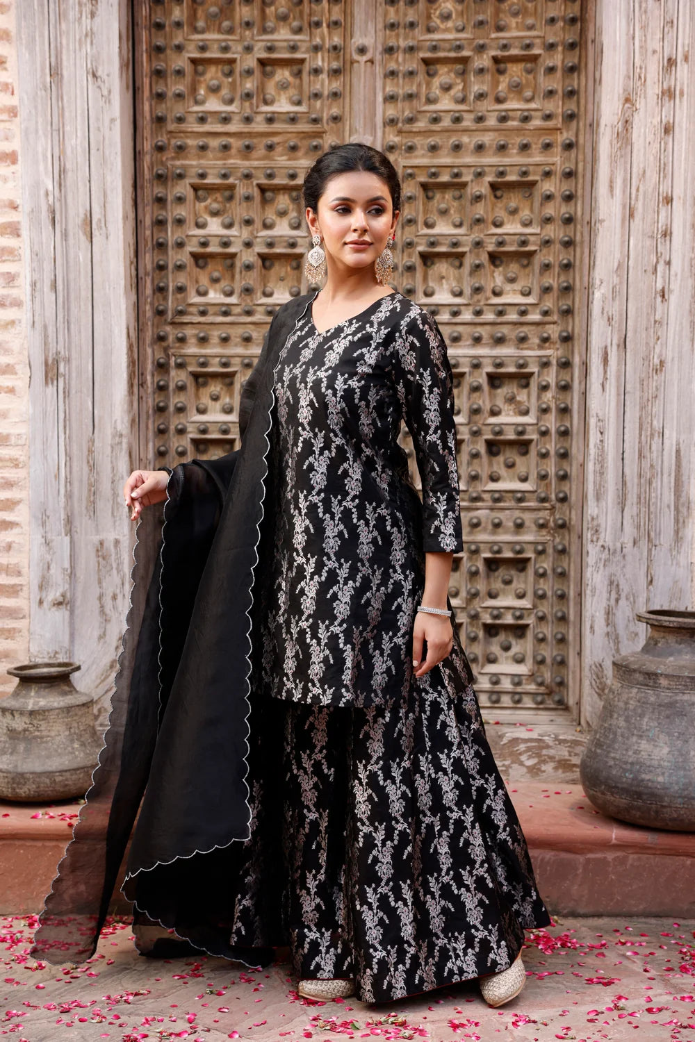 Handwoven Black Pure Silk Banarasi Sharara Set with Dupatta for Wedding Wear