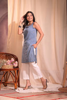 Handwoven Blue Pure Cotton Mushroom Jamdani Kurta Set with Traditional Motifs