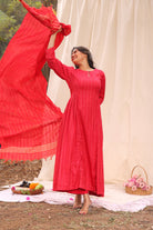 Handwoven Candy Red Cotton Silk Kurta Set with Traditional Weave and Dupatta