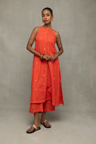 Handwoven Coral Jamdani A-Line Co-ord Set with Traditional Motifs