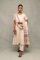 Handwoven Cream and Mauve South Cotton Zari Kurta Set with Traditional Motifs