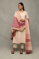 Handwoven Cream and Pink South Cotton Zari Kurta Set with Traditional Motifs