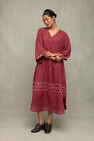Handwoven Crimson Checkered Jamdani Kaftan Dress with Traditional Motifs