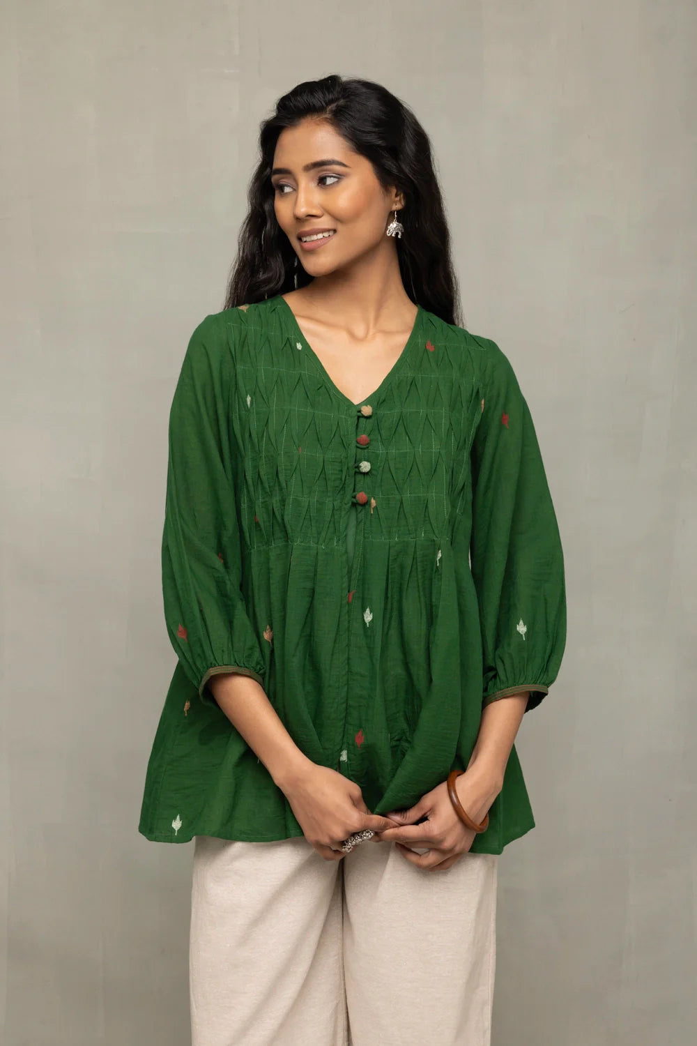 Handwoven Forest Green Jamdani Top for Casual Everyday Wear