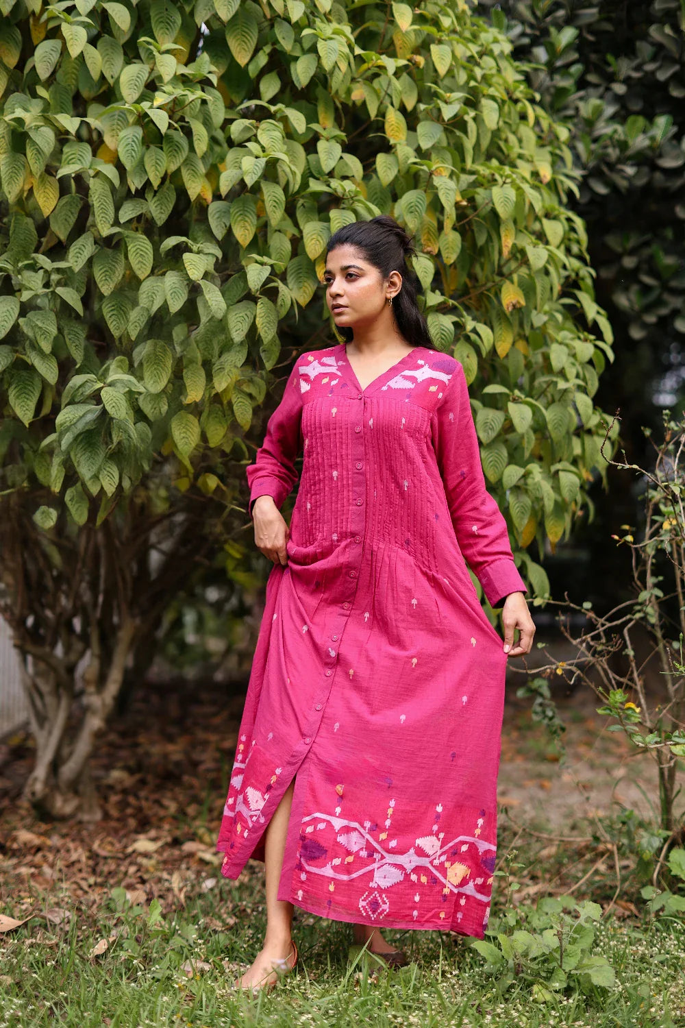 Handwoven Fuchsia Pink Jamdani Cotton Dress with Silk Woven Border