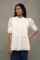Handwoven Ivory Pleated Jamdani Puff Sleeve Top for Festive Wear