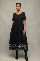 Handwoven Midnight Black Jamdani Tiered Midi Dress with Traditional Motifs