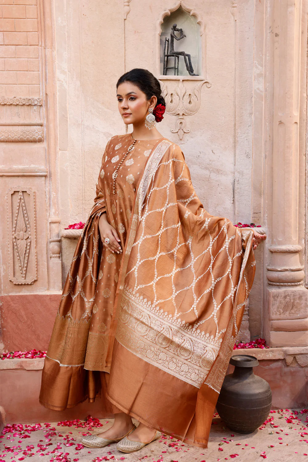 Handwoven Mocha Brown Pure Silk Banarasi Kurta Set with Dupatta for Wedding Wear