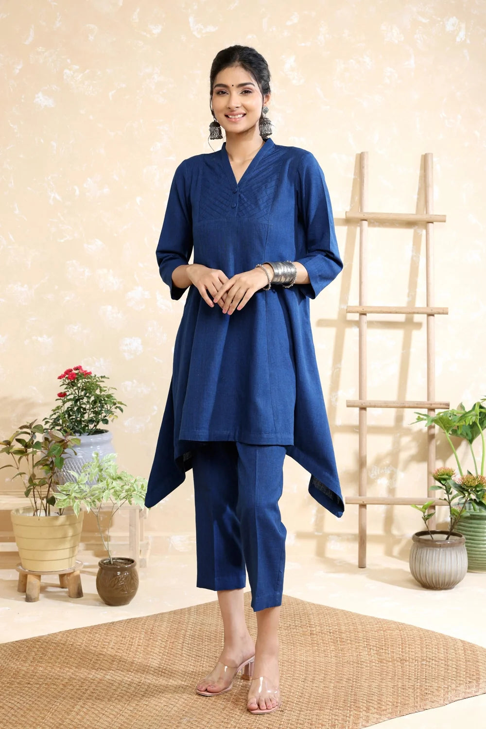 Handwoven Navy Blue Khadi Co-ord Set with Traditional Weave