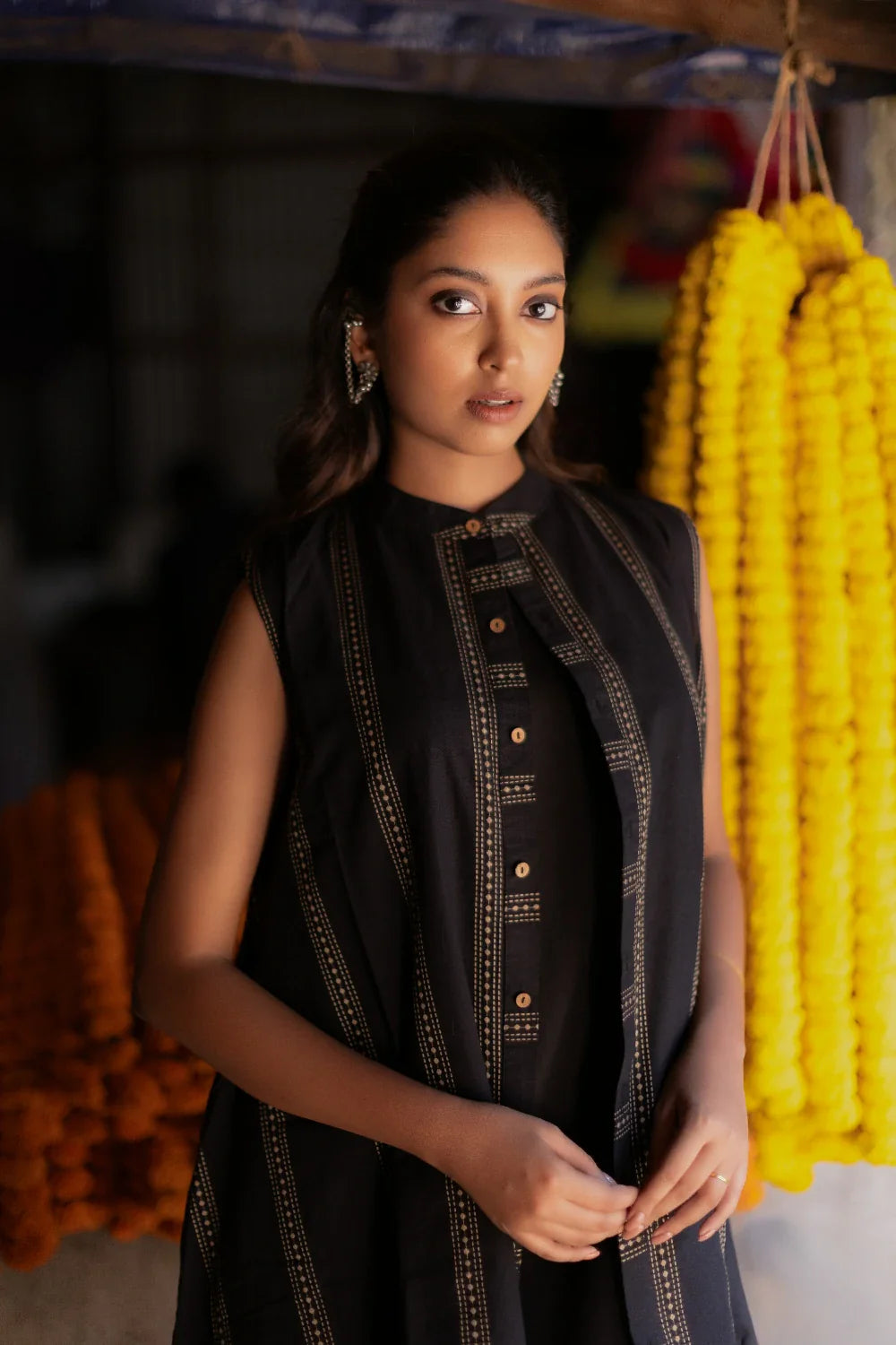 Handwoven Noir Black South Cotton Dress with Shrug for Festive Wear