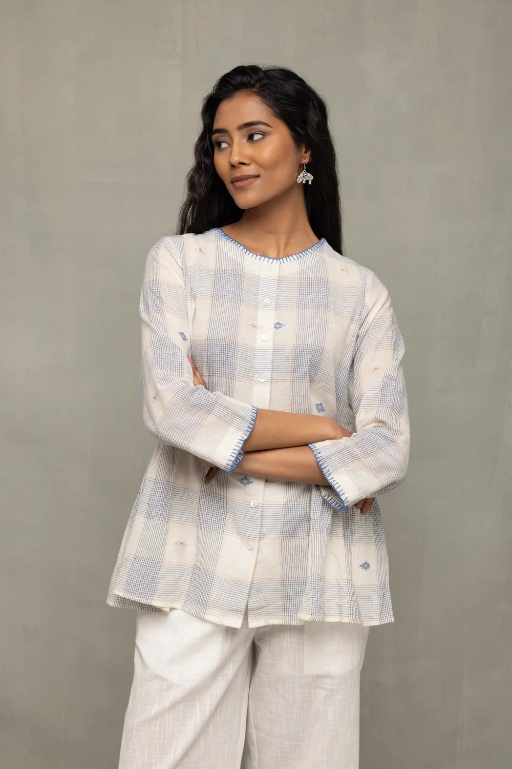 Handwoven Off White Blue Check Jamdani Top with Zari Motifs