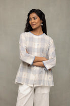 Handwoven Off White Blue Check Jamdani Top with Zari Motifs