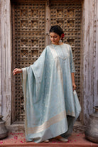 Handwoven Powder Blue Pure Silk Banarasi Kurta Set with Dupatta for Wedding Wear