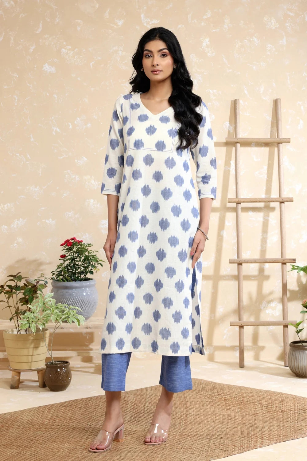 Handwoven White and Blue Pure Cotton Ikkat Kurta Set with Traditional Pattern