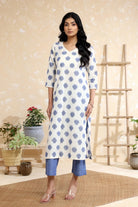 Handwoven White and Blue Pure Cotton Ikkat Kurta Set with Traditional Pattern