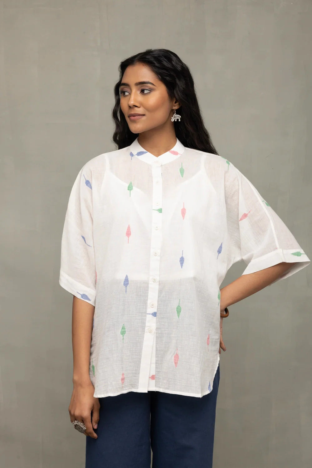 Handwoven White Leaf Motif Cotton Jamdani Shirt for Casual Everyday Wear