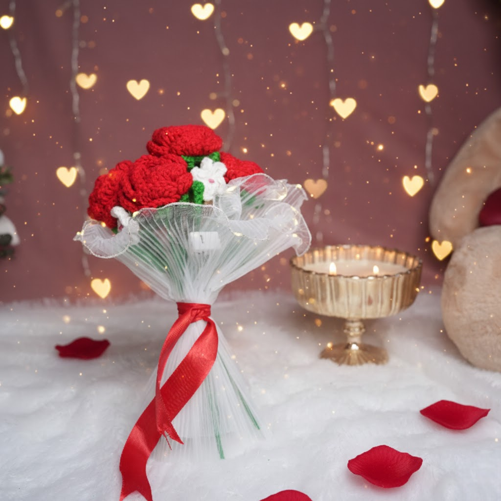 Radiant Red Rose Bloom – Handcrafted Crochet  with LED Glow | ArteCasa - https://artecasa.in/