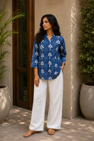 Indigo Blue Pure Cotton Floral Block Print Top