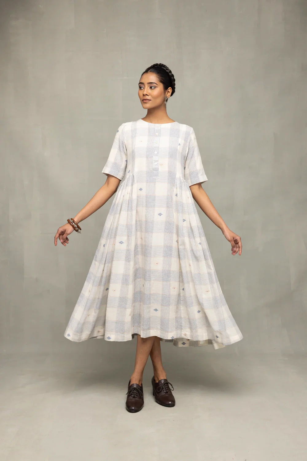 Ivory Blue Checkered Jamdani Dress