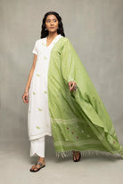 Ivory Sage Green Bird Motif Jamdani Kurta Set with Dupatta