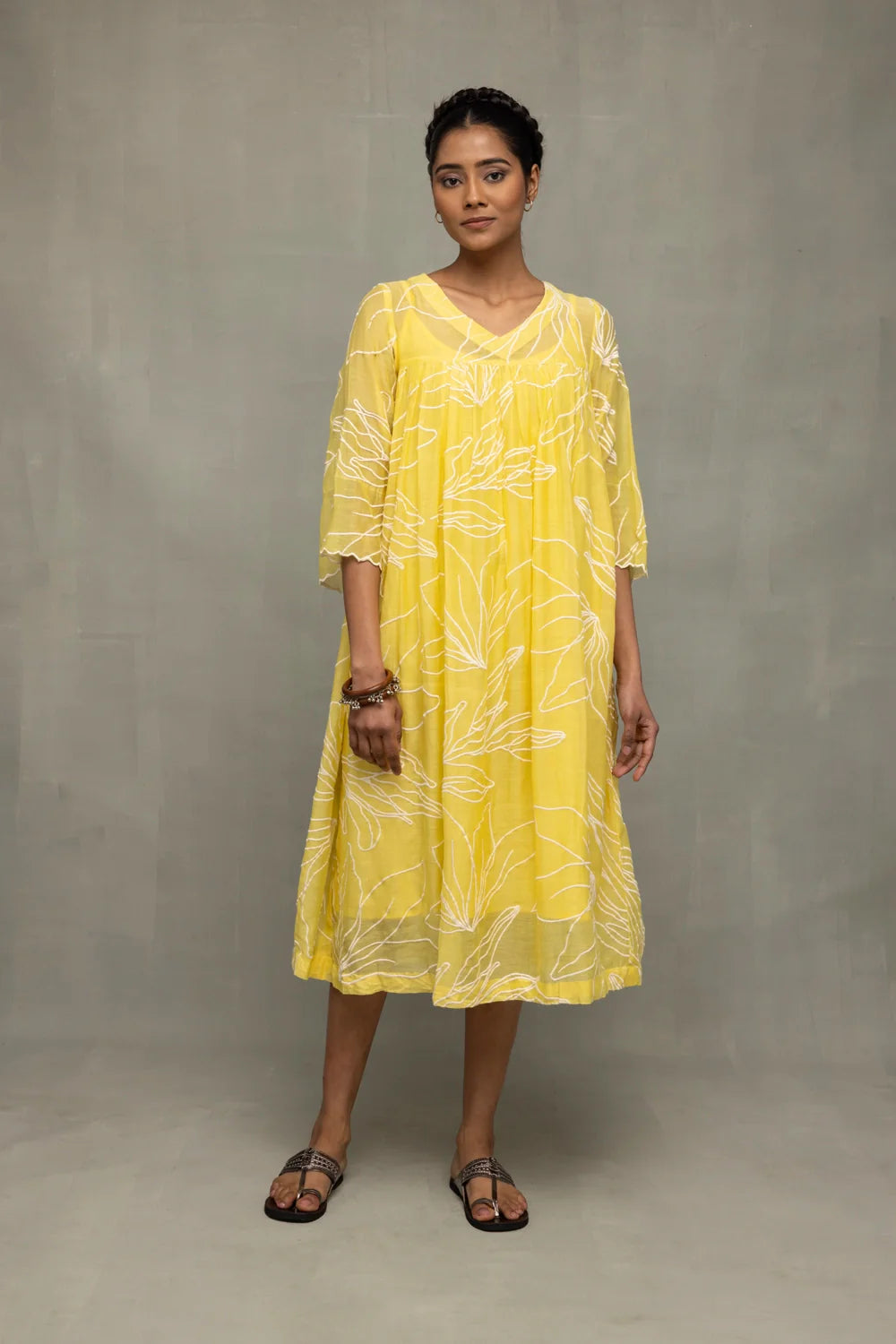 Lemon Light Mul Chanderi Embroidered Dress