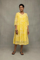 Lemon Light Mul Chanderi Embroidered Dress