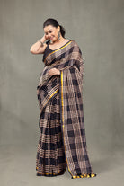 Lightweight Black Grey Check Handloom Mulmul Saree for Everyday Wear