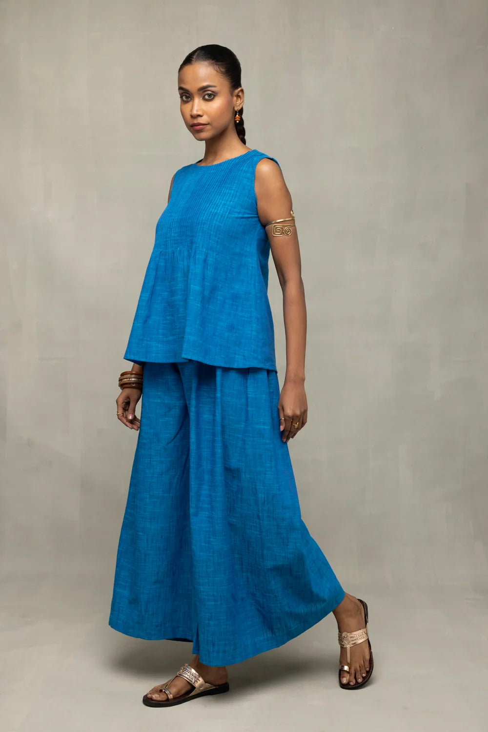 Lightweight Breathable Azure Blue Textured Co-ord Set with Wide Leg Pants for Everyday Wear