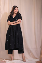 Lightweight Breathable Black Pure Cotton Jamdani Flared Kurta Set for Everyday Wear