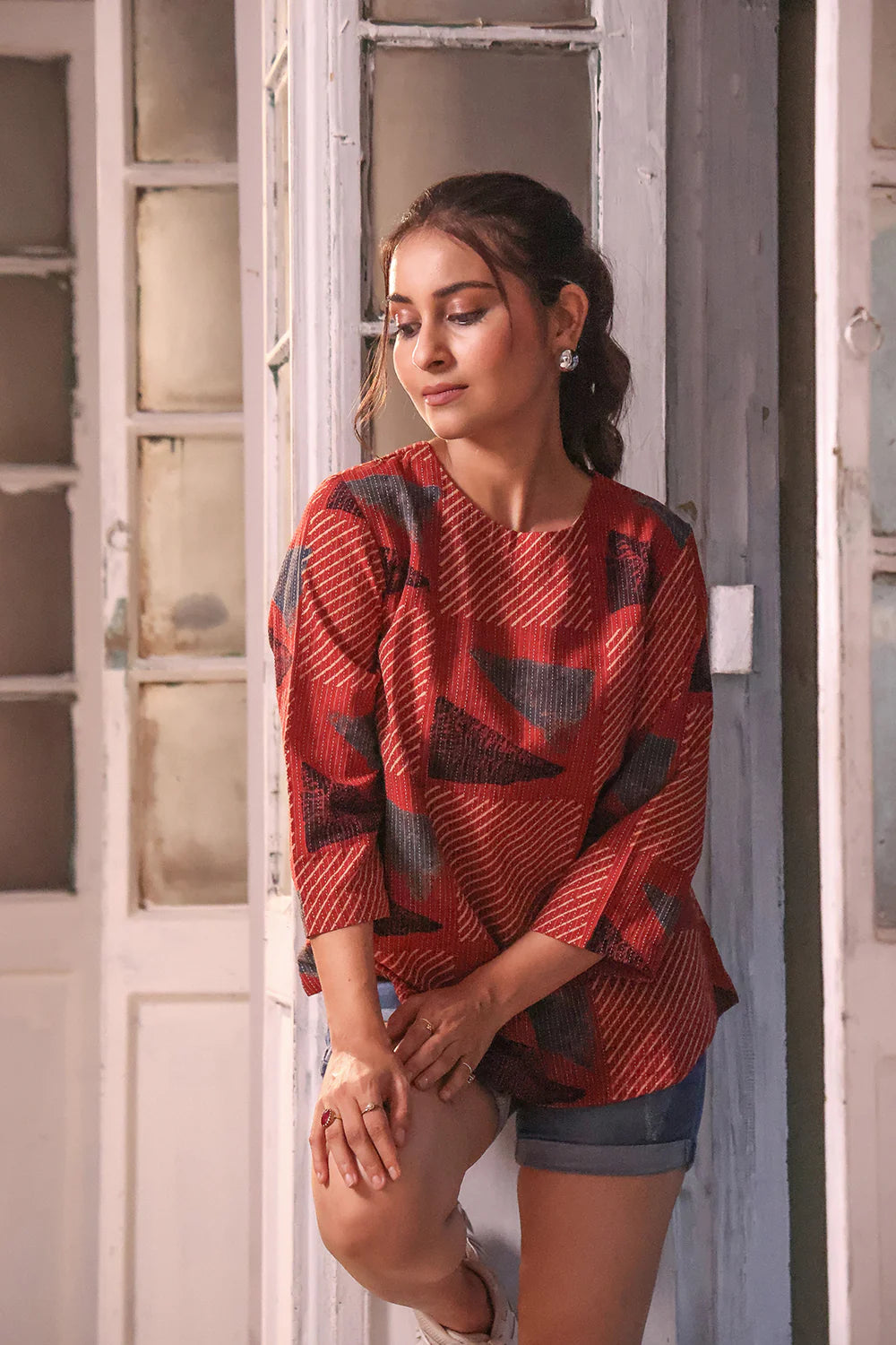 Lightweight Breathable Brick Red Cotton Ajrakh Top for Summer Wear
