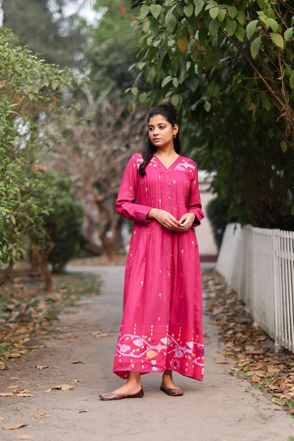 Lightweight Breathable Fuchsia Pink Jamdani Dress with Silk Woven Border for Everyday Wear