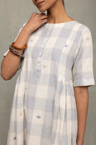 Lightweight Breathable Ivory and Blue Checkered Jamdani Dress for Everyday Wear
