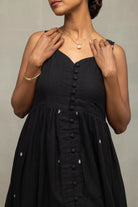 Lightweight Breathable Midnight Black Jamdani Tiered Midi Dress for Everyday Wear