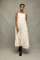 Pearl White Polka Jamdani Handwoven Trapeze Dress-Sutra Art of Clothing