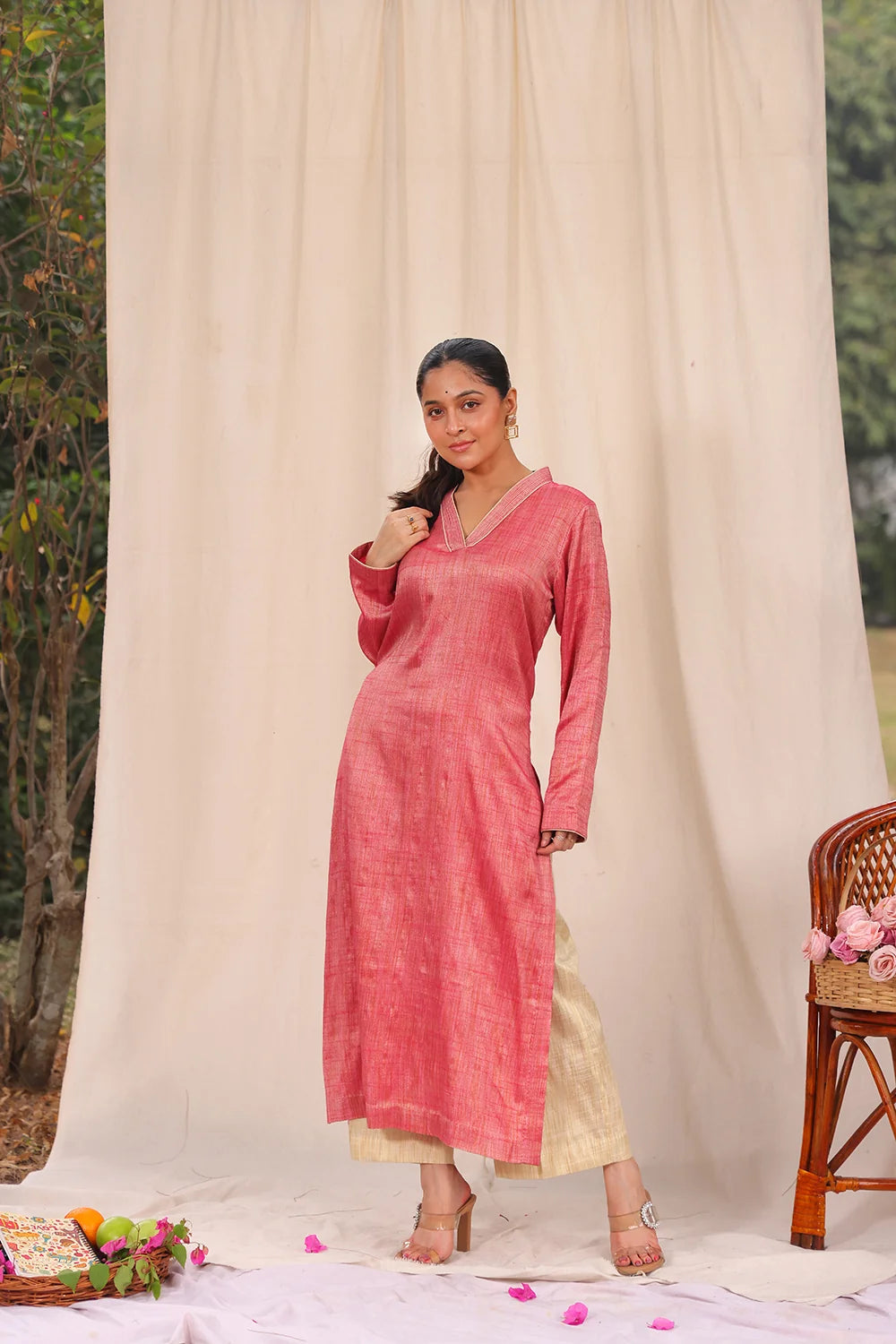 Lightweight Breathable Pink and Cream Khadi Cotton Co-ord Set for Everyday Wear