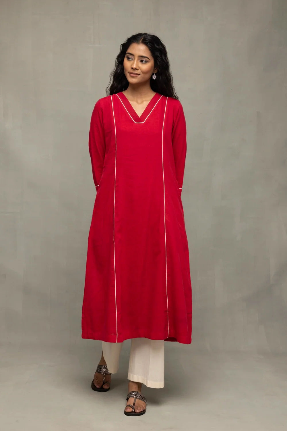 Red and White Jamdani Pujo Kurta Set With Dupatta-Sutra Art of Clothing
