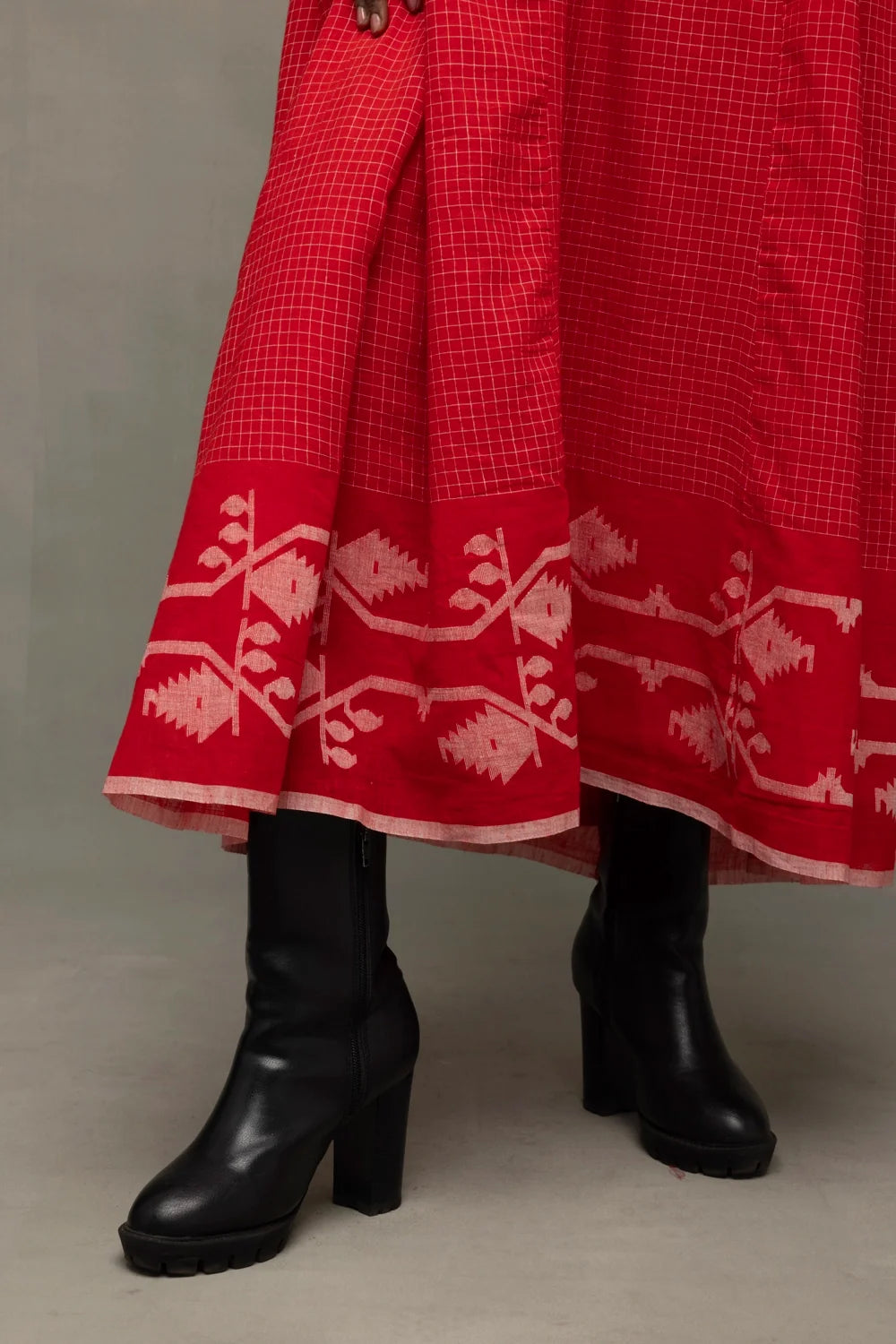 Scarlet Red Handwoven Pure Cotton Jamdani Dress-Sutra Art of Clothing
