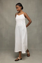 Lightweight Breathable White Silver Stripe Pure Cotton Dress for Everyday Wear
