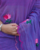Lotus Dew saree in soft mulmul cotton, handcrafted lotus embroidery for elegant everyday styling.