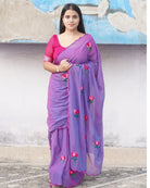 Mulmul cotton saree with lotus embroidery, soft airy comfort for effortless summer styling.