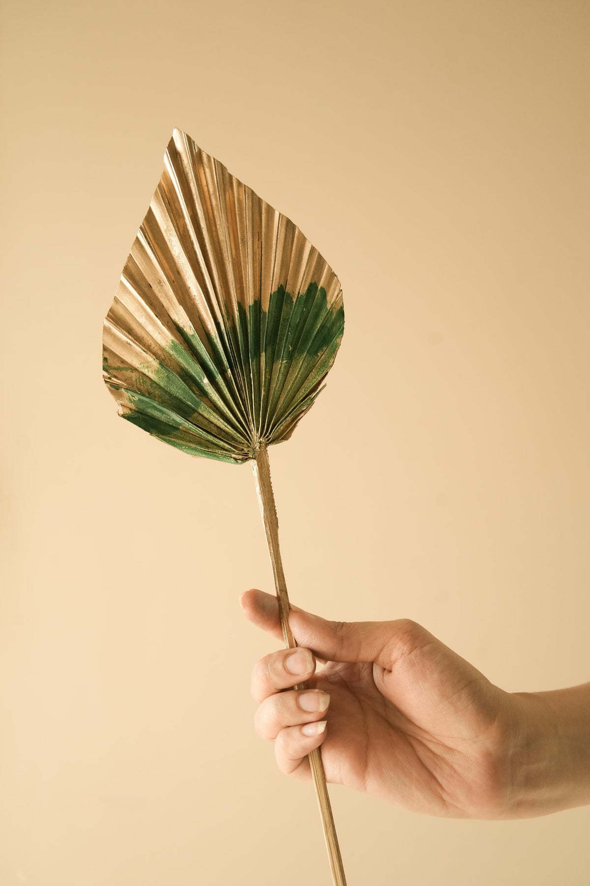 Luxury golden and green dual tone palm leaves arranged in a vase for elegant home decor setup