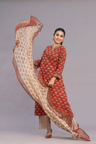 Maroon Hand Block Print Straight Fit Kurta Set with Dupatta
