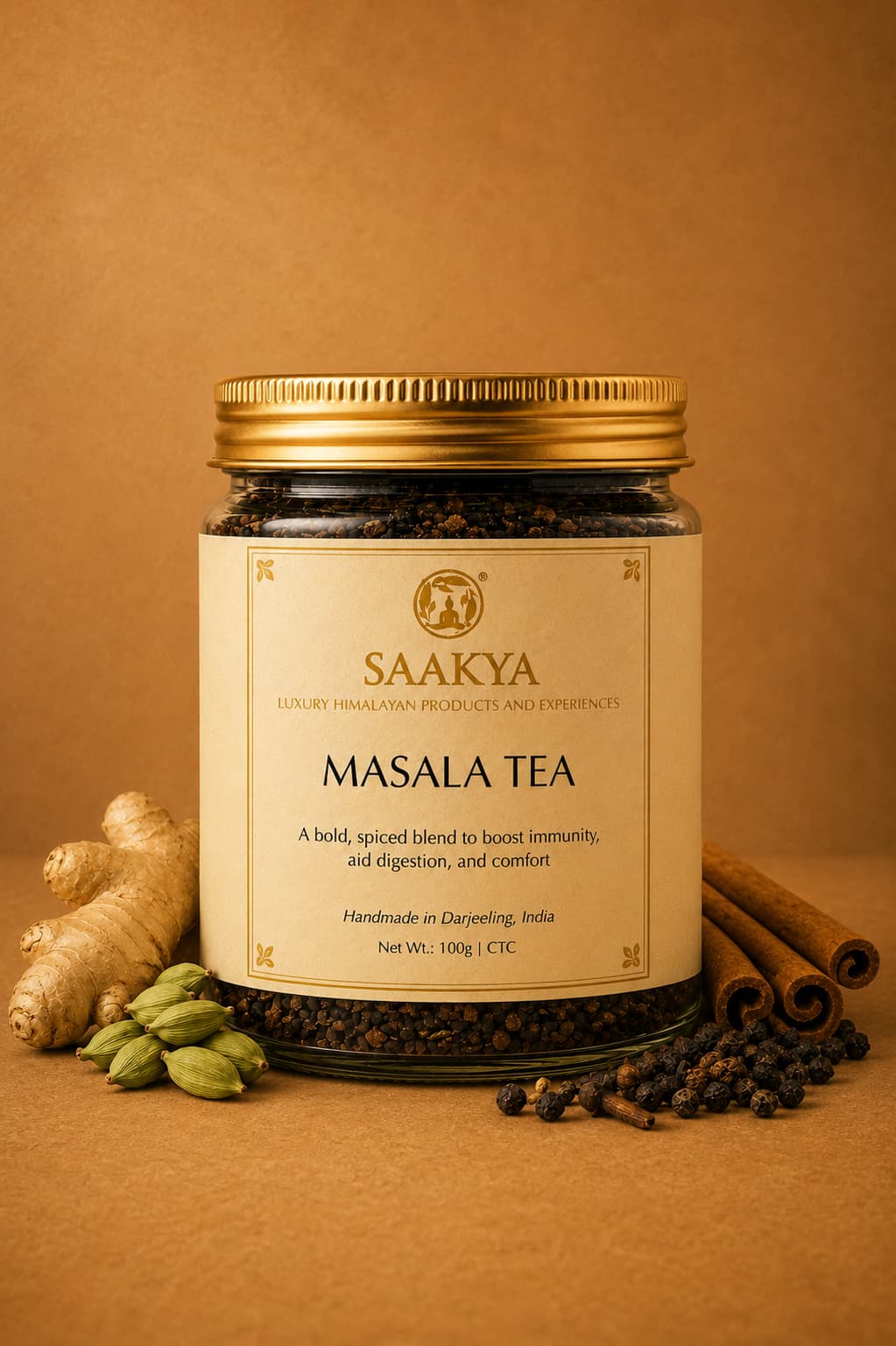 Saakya Himalayan Masala Chai handcrafted with Darjeeling Black Tea, Assam CTC and five aromatic spices.