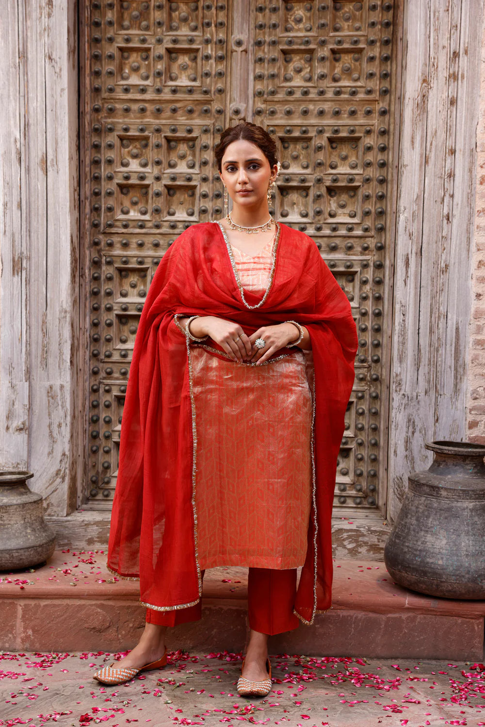 Metallic Orange Pure Silk Banarasi Kurta Set with Dupatta